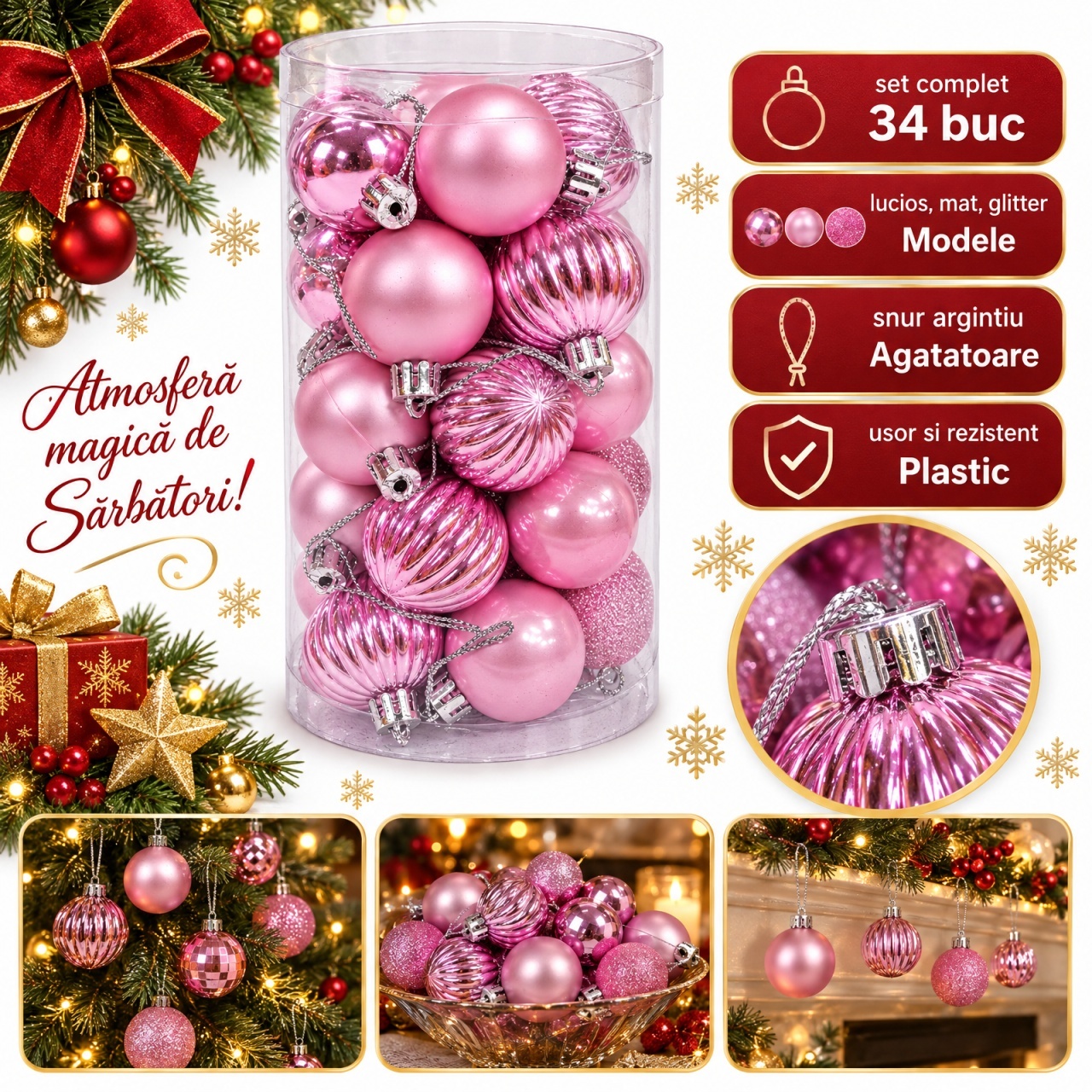 Set 34 globuri de Crăciun roz, finisaje lucios, mat și glitter, plastic, tub 28x15 cm