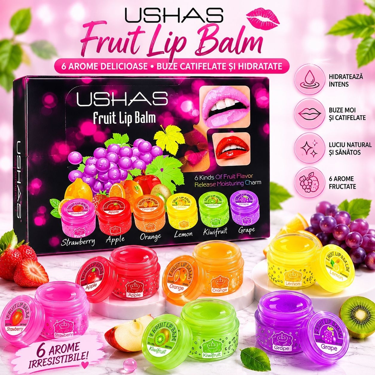 Set 36 Balsam de Buze cu Arome Fructate USHAS – Hidratare Intensă, 6 Arome Delicioase 2