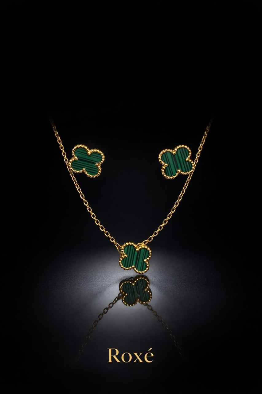 Set bijuterii Roxé auriu cu trifoi verde, colier si cercei eleganti 2