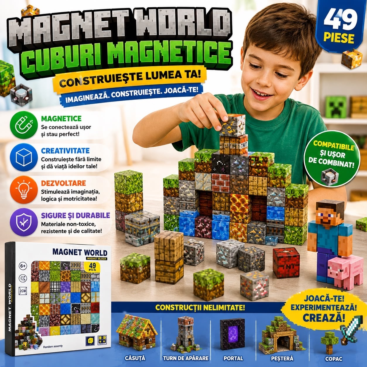 Set Cuburi Magnetice Magnet World, 49 Piese, 2 cm – Joc de Construcție 3D Educativ pentru Copii 6+ 3