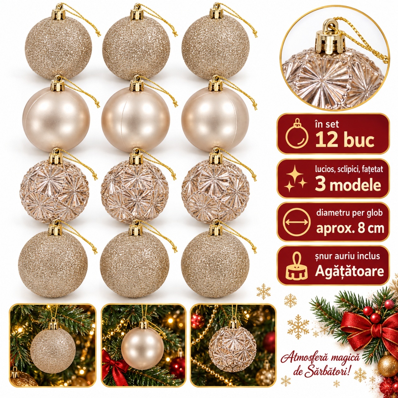 Set de 12 Globuri de Crăciun Champagne, 6 cm, Plastic, model Mat, Lucios și cu Sclipici
