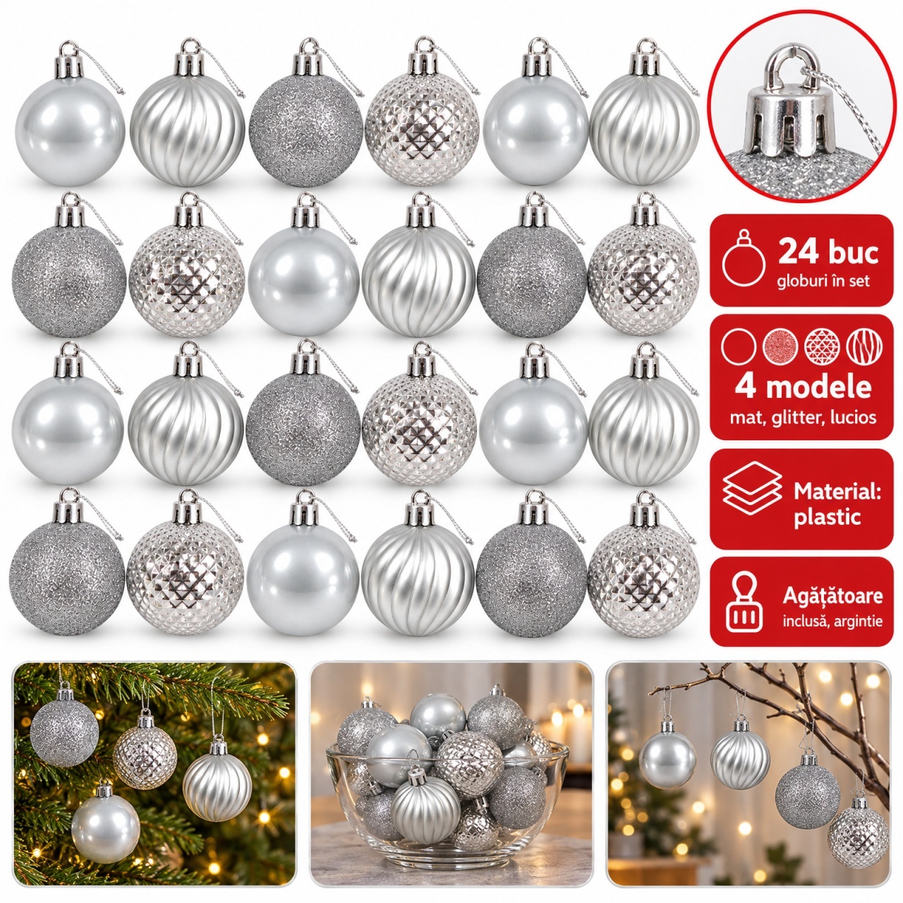 Set de 24 globuri argintii, din plastic, modele asortate in set