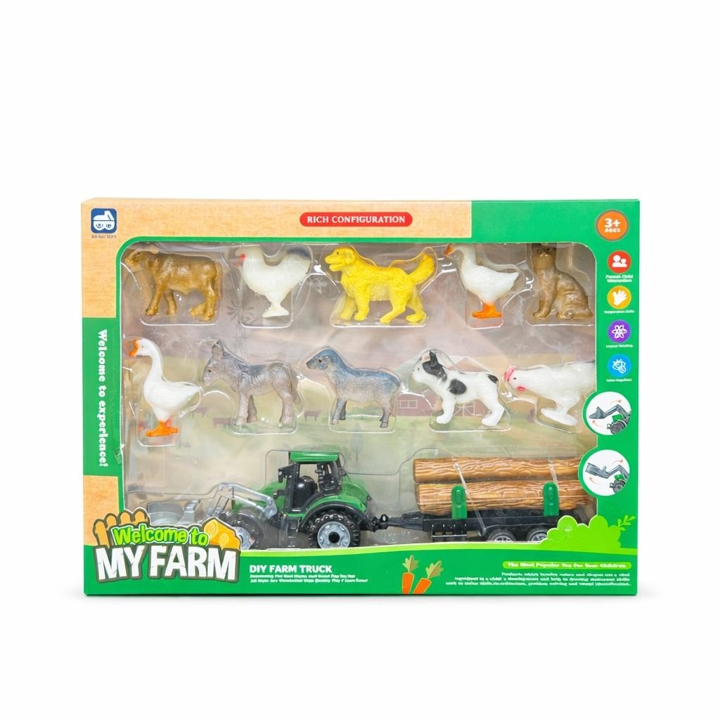 Set ferma pentru copii cu tractor, remorca si 10 animale domestice