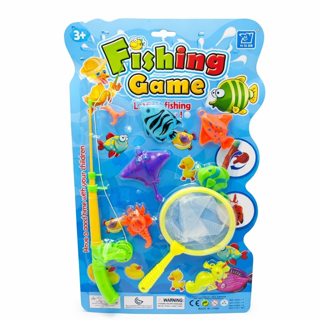 Set joc pescuit pentru copii cu undita, plasa si figurine marine, multicolor, 50x30 cm