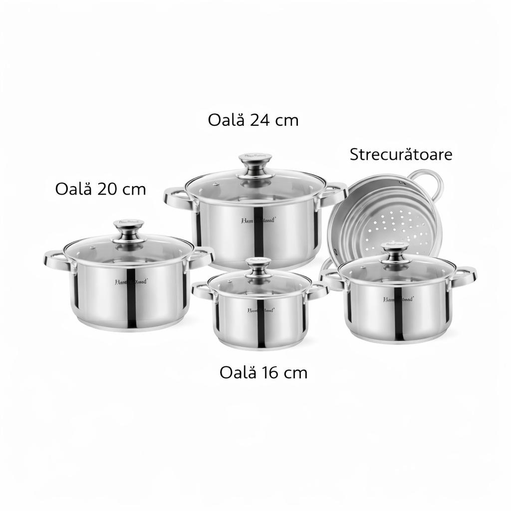 Set oale din oțel inoxidabil cu capace din sticlă și strecurătoare, 9 piese, Argintiu 2