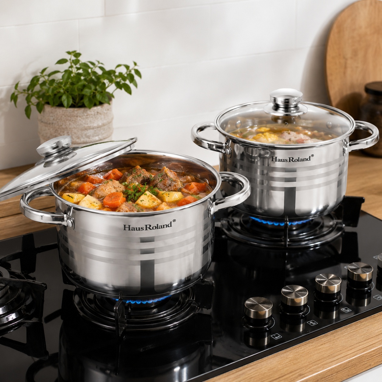 Set oale inox 8 piese HausRoland cu capac sticla, 1.9L–6.1L 3