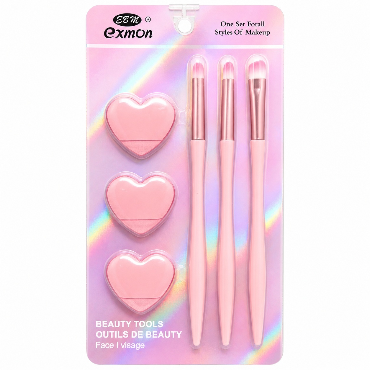 Set Pensule și Bureței Machiaj Roz – 3 Pensule Profesionale și 3 Bureței pentru Makeup Perfect