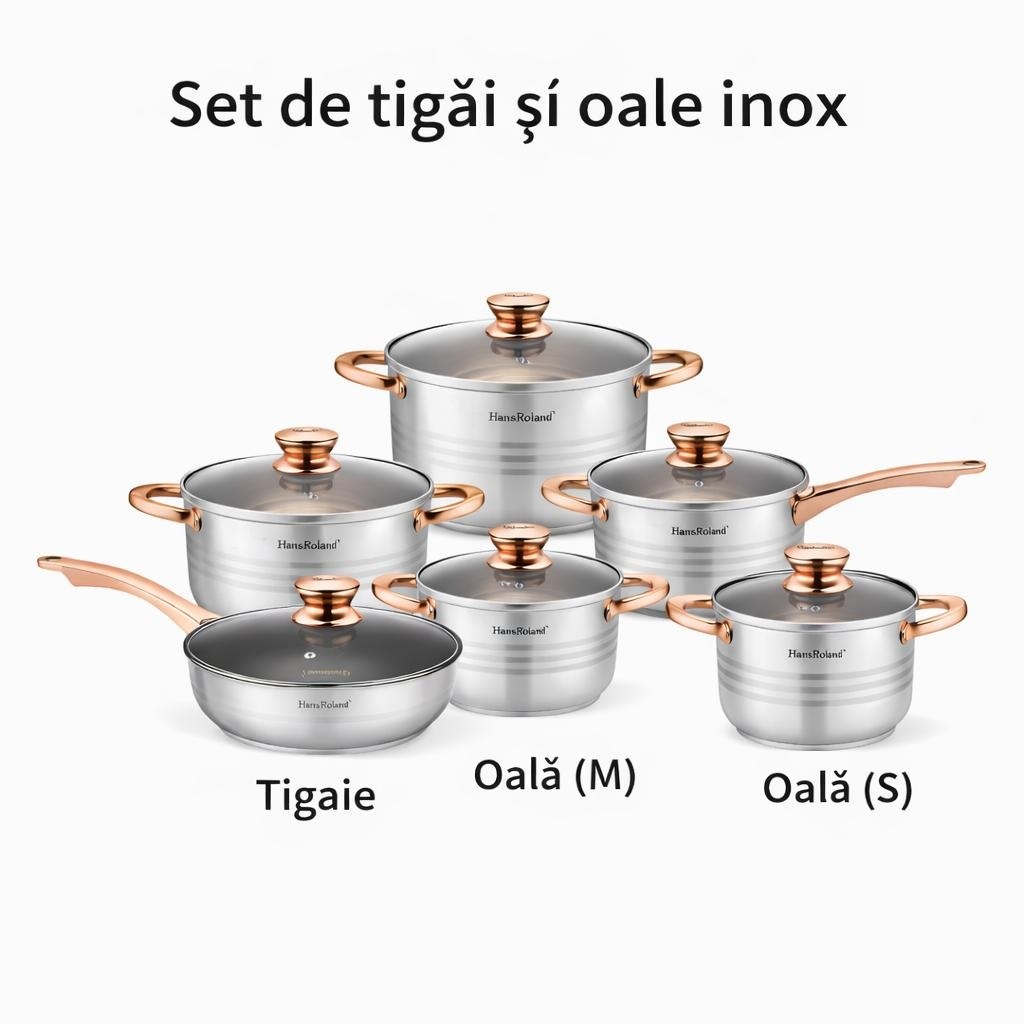 Set tigăi și oale din inox cu capace din sticlă, 10 piese, compatibil inducție, Argintiu cu bronze