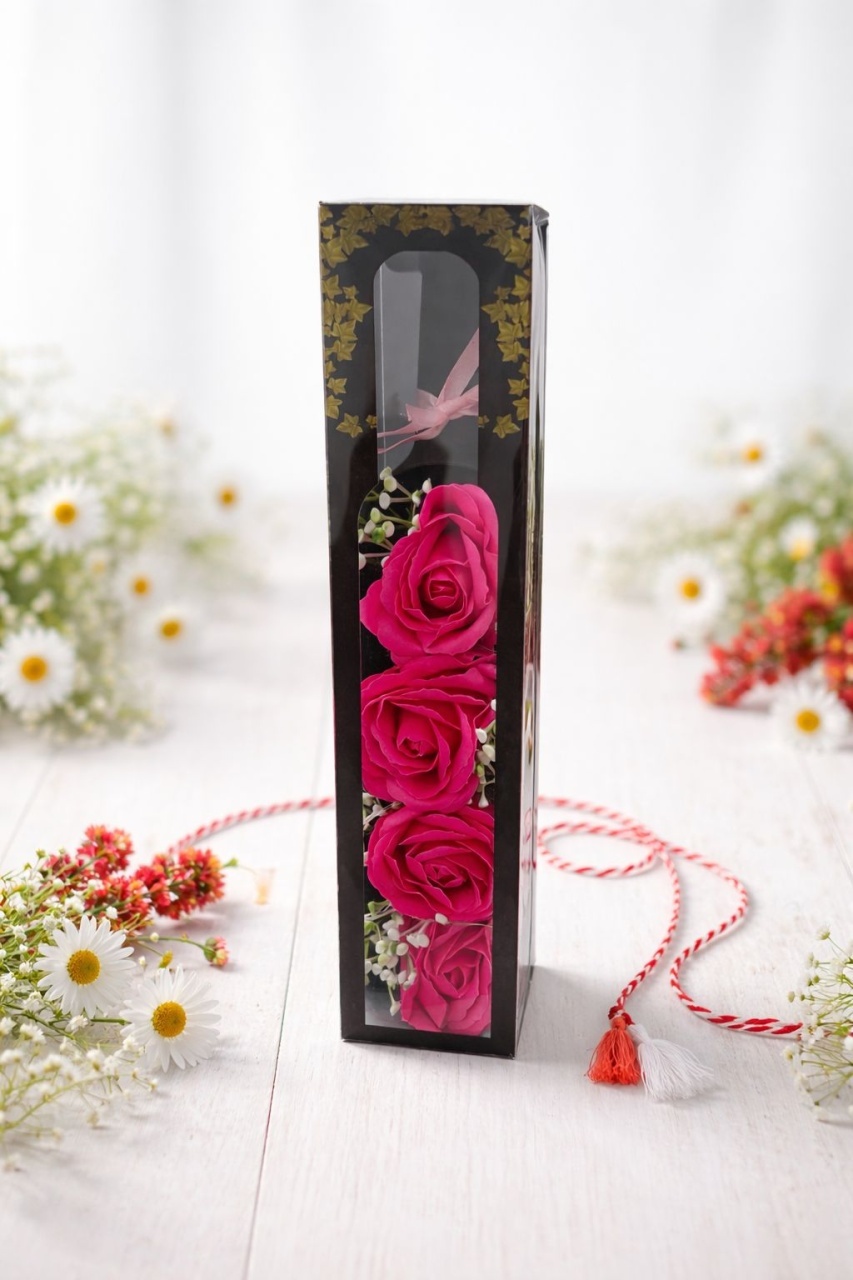 Sticla Decorativa cu 4 Trandafiri Rosii si LED, Cadou Romantic Elegant, 33x7x7 cm 2