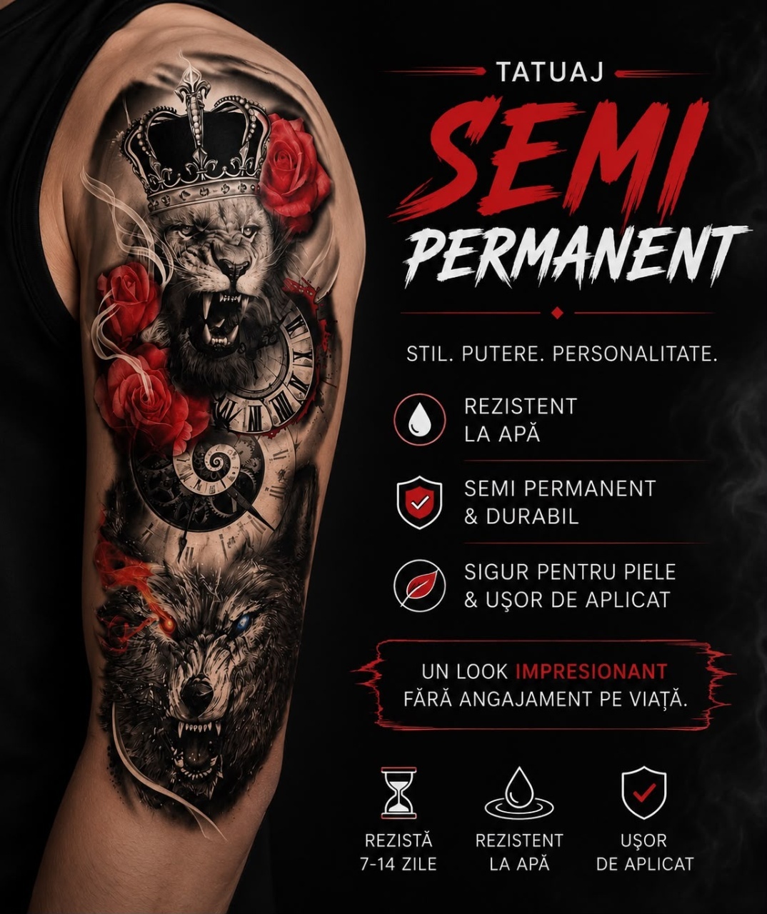 Tatuaj Semipermanent cu Leu Încoronat, Lup și Trandafiri Roșii – 45 cm 2