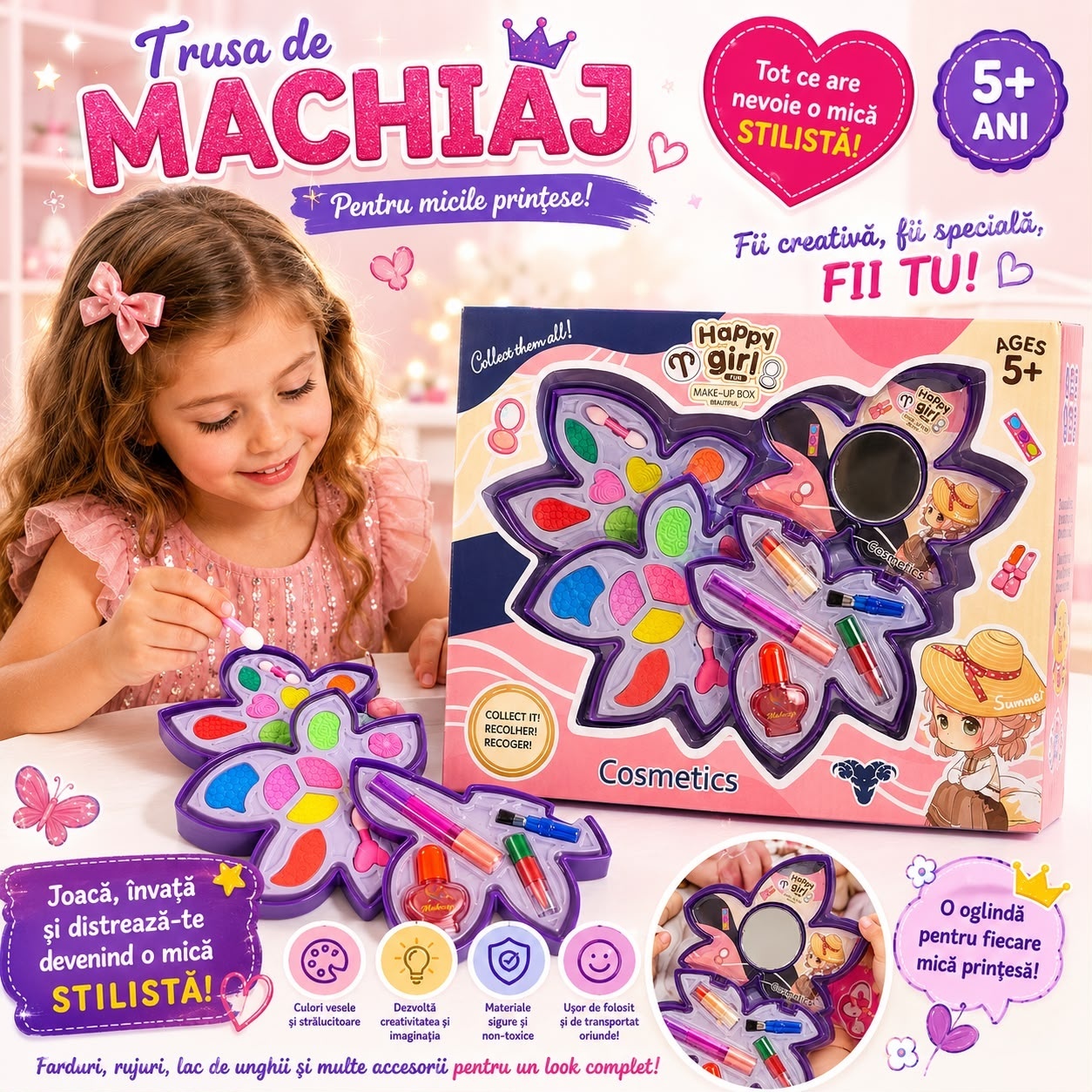 Trusă de Machiaj pentru Copii cu Oglindă, Farduri, Ruj și Lac de Unghii – Set Cosmetic de Jucărie 2