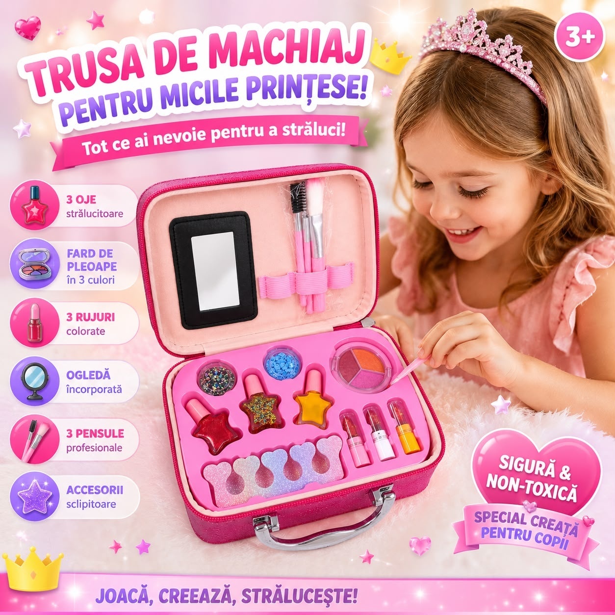 Trusă de Machiaj Unicorn pentru Copii în Geantă Elegantă – Set Cosmetic cu Oglindă și Accesorii, Culoare Aleatorie