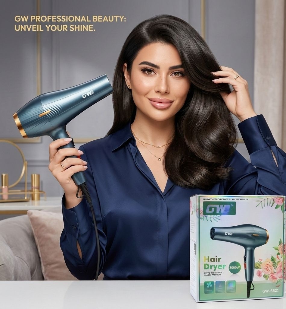 Uscător profesional de păr GW-6621, 3000W, Hair Dryer Professional, Gri cu accente aurii