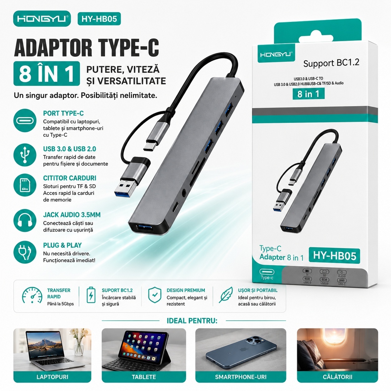 Adaptor USB Type-C 8 în 1 HY-HB05 – Hub USB-C cu USB 3.0, Cititor Card TF/SD și Jack Audio 2