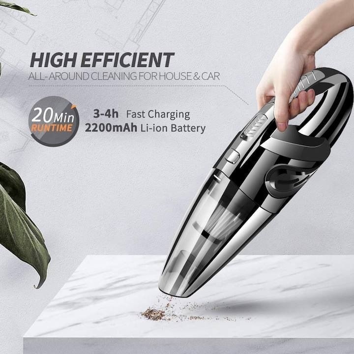 Aspirator auto portabil fara fir, reincarcabil USB, 2200mAh, accesorii multiple, filtru lavabil 2
