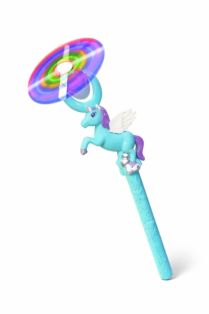Bagheta cu elice rotativa, lumini LED si sunete, figurina unicorn albastru 35 cm
