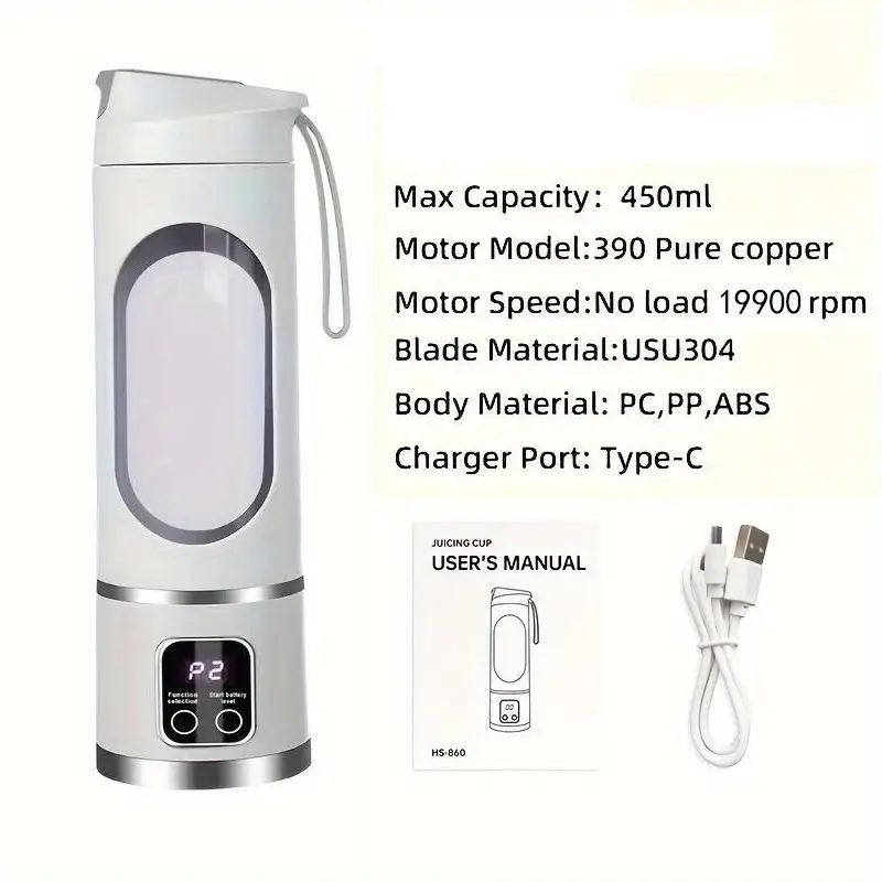 Blender portabil electric 450ml pentru smoothie si shake, reincarcabil USB Type-C, alb 2