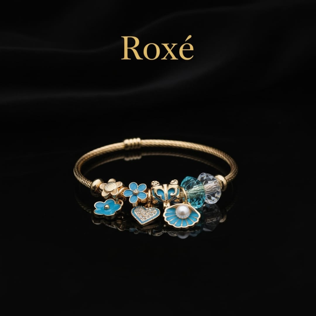 Bratara dama ROXE aurie cu charmuri flori si scoica, model elegant cu cristale 2