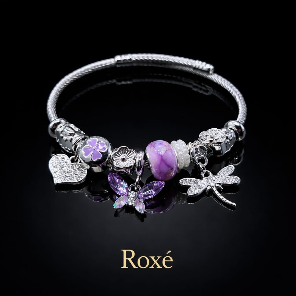 Bratara ROXE argintie cu fluture libelula si inimioara charmuri elegante 3