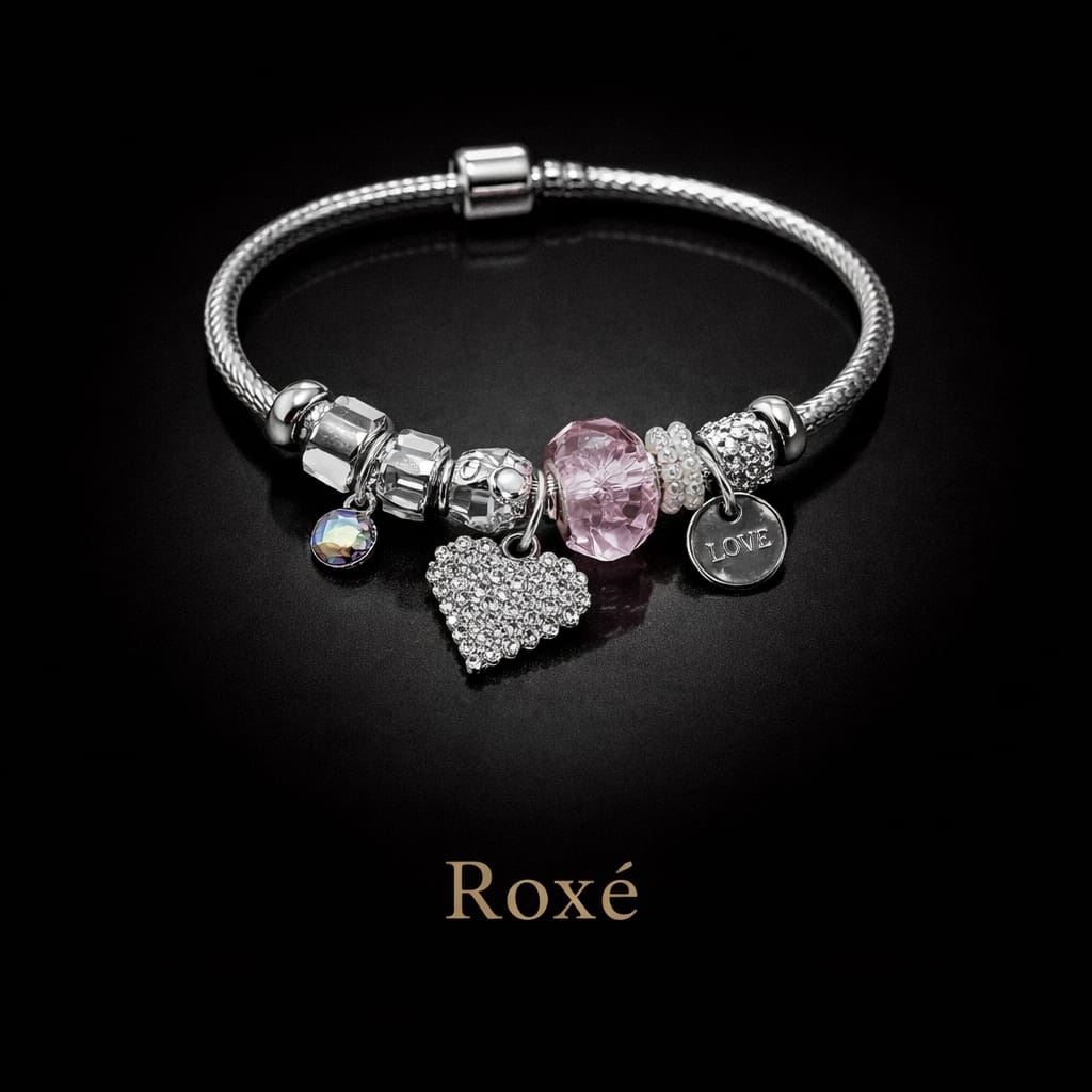 Bratara ROXE argintie cu inima si piatra accent charmuri elegante dama 4