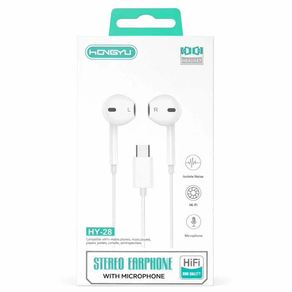Căști audio cu fir Hongyu HY-28, USB Type-C, stereo Hi-Fi, cu microfon, albe