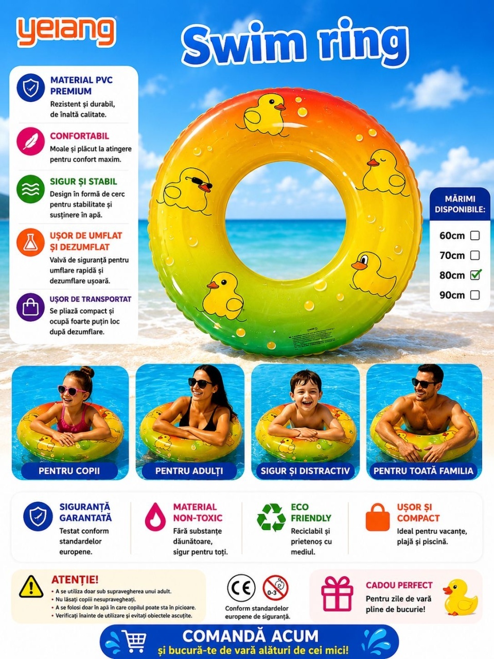 Colac Gonflabil cu Rățuște 70 cm – Inel Gonflabil pentru Copii, Piscină și Plajă 2