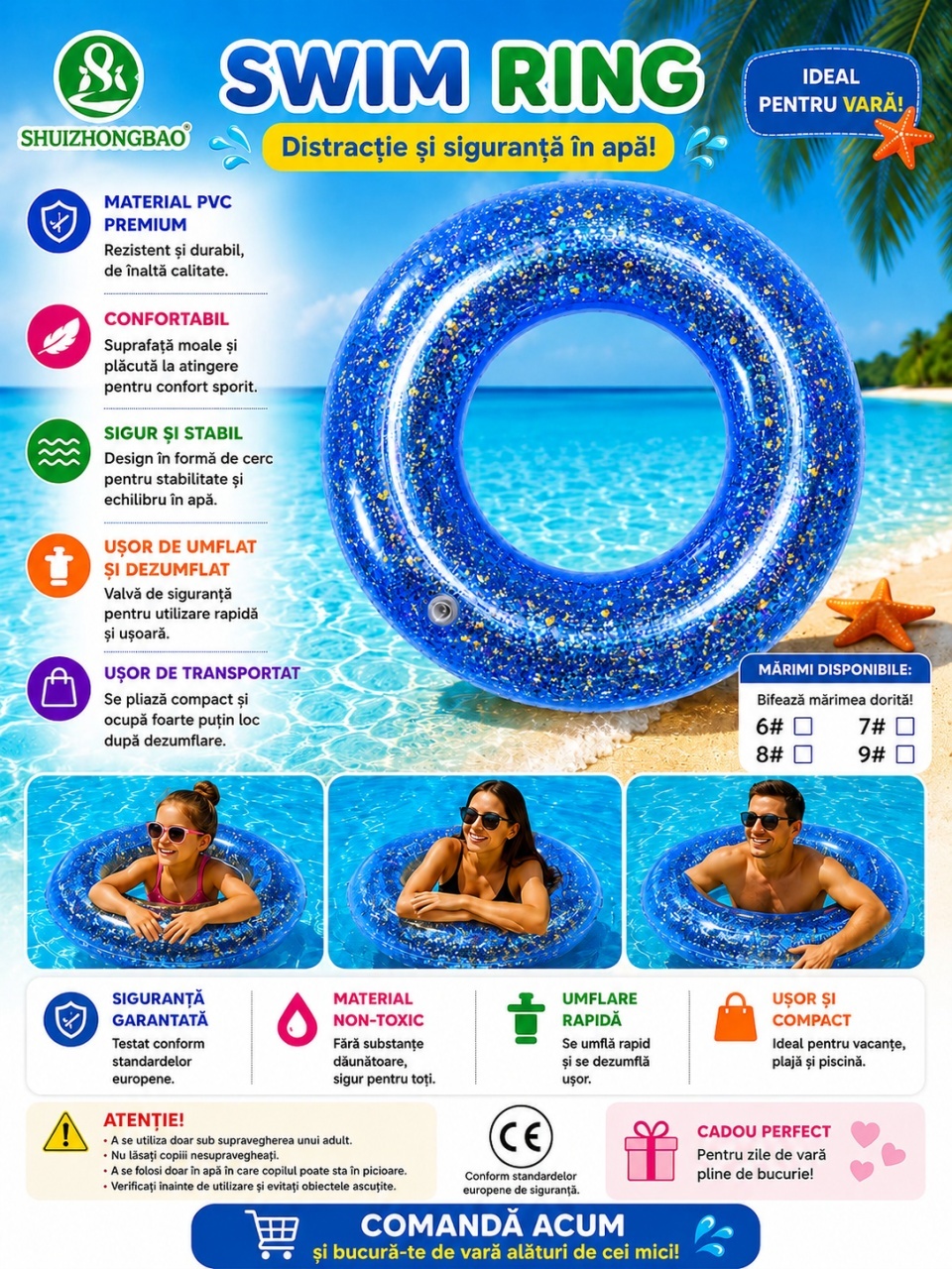 Colac Gonflabil cu Slipici Albastru 100 cm – Colac de Înot Glitter pentru Piscină și Plajă 2