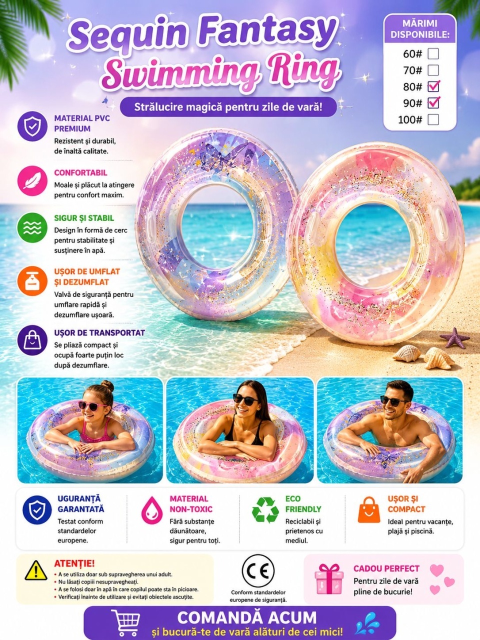 Colac Gonflabil Mov Sequin Fantasy 90 cm – Colac de Înot cu Sclipici pentru Piscină și Plajă 2
