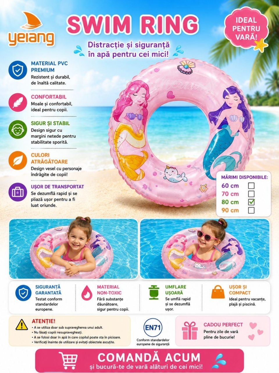 Colac Gonflabil pentru Copii Roz cu Sirene,60 cm, PVC Premium, pentru Piscina si Mare 2