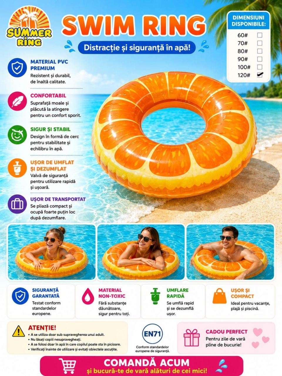 Colac Gonflabil Portocală 120 cm – Colac de Înot pentru Piscină și Plajă 2