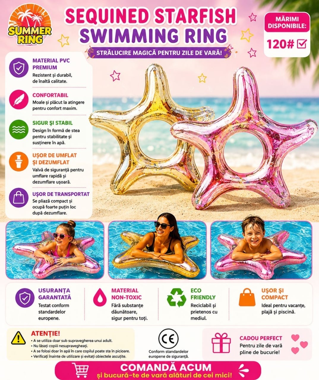 Colac Gonflabil Stea de Mare Roz 120 cm – Colac de Înot Glitter pentru Piscină și Plajă 2