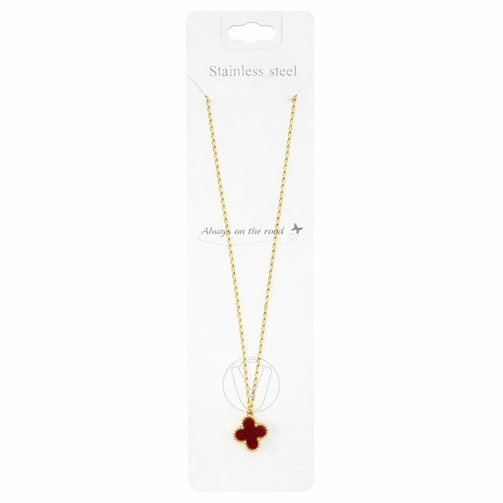 Colier Roxé auriu cu pandantiv trifoi roșu – material inoxidabil, 40 cm, reglabil 2