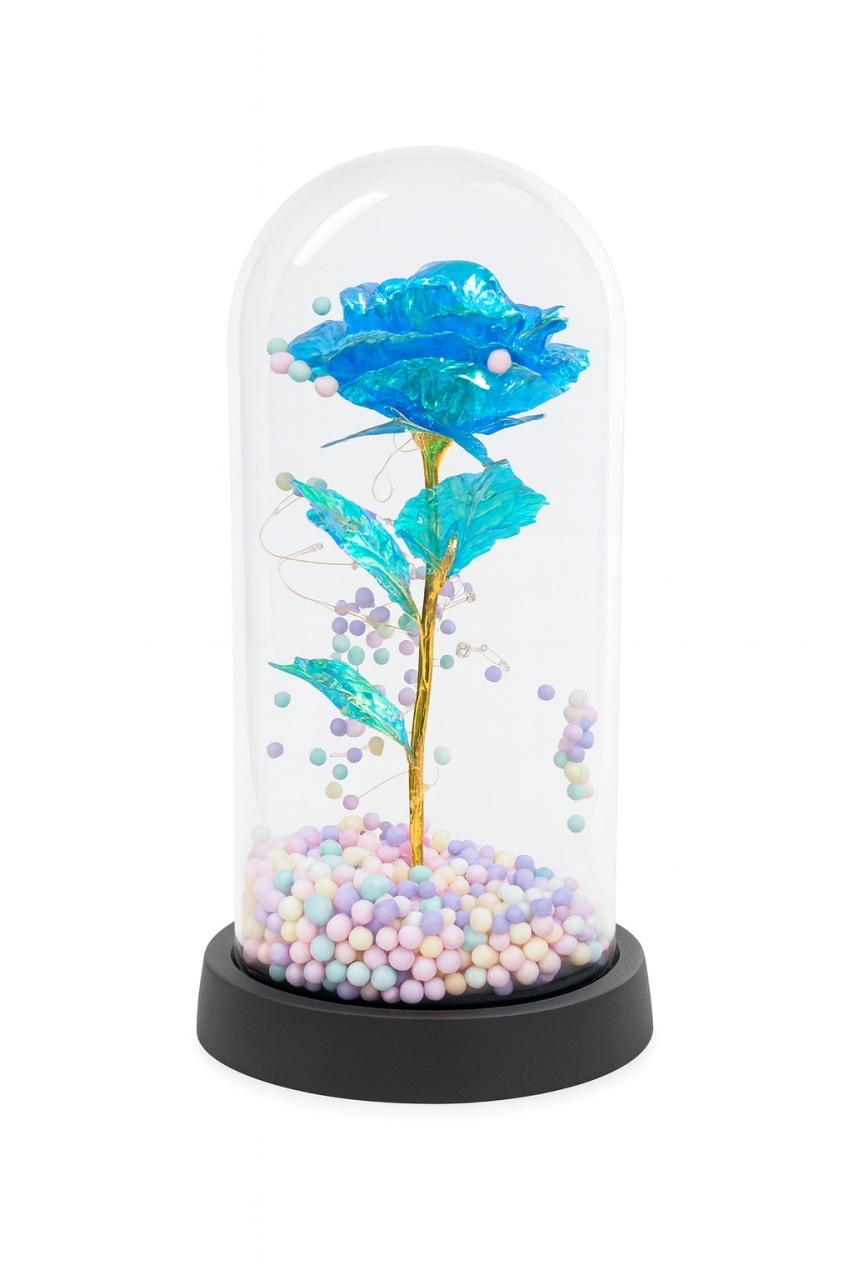 Cupola decorativa cu trandafir acrilic albastru, bile pastel si lumini LED, 22x11 cm