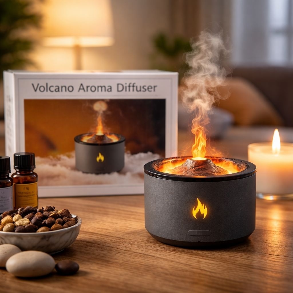 Difuzor aroma tip vulcan cu efect lava si flacara LED, umidificator si aromaterapie 2