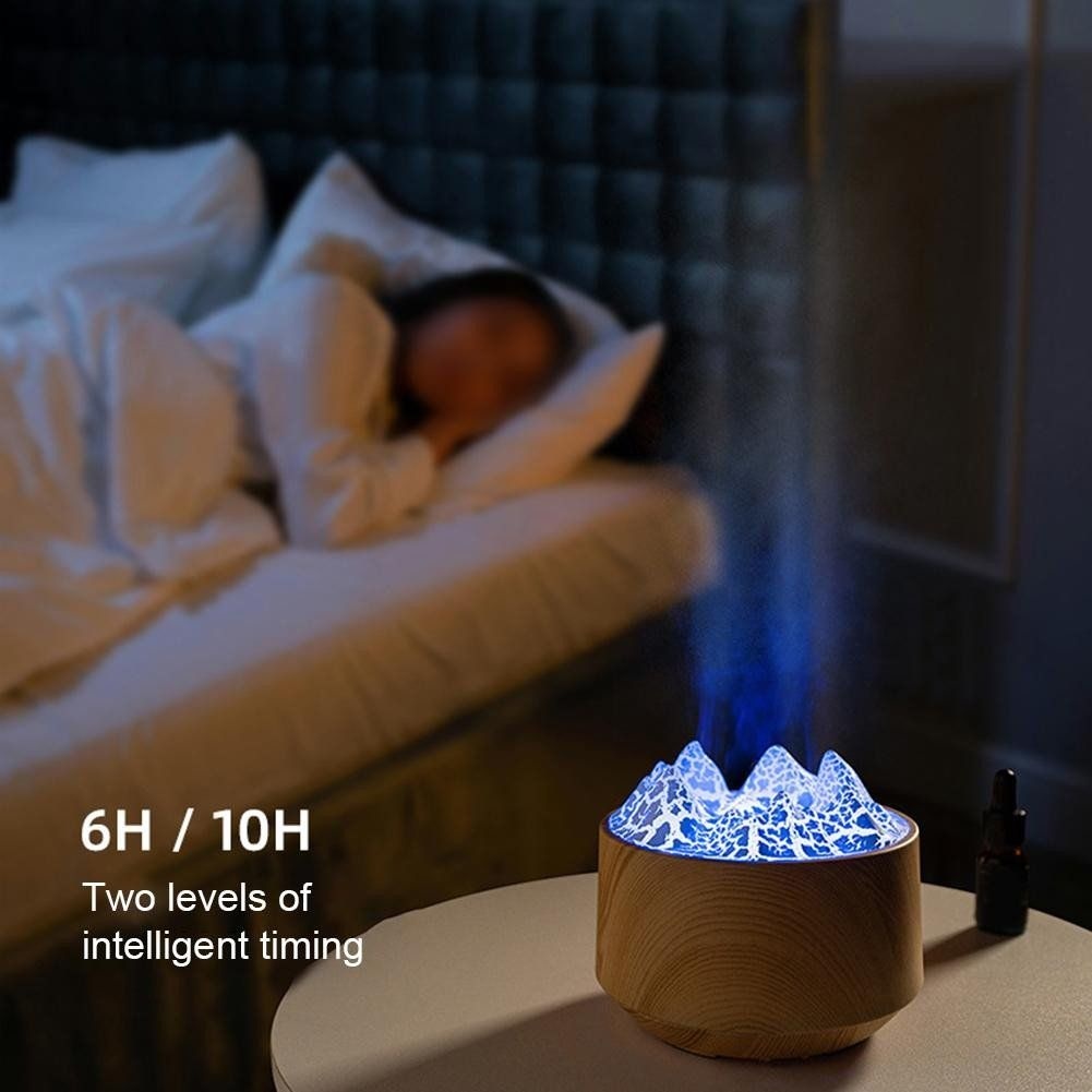 Difuzor Aromaterapie cu Efect Flacara Munte, Umidificator LED 300ml cu Telecomanda, Lemn Deschis 2