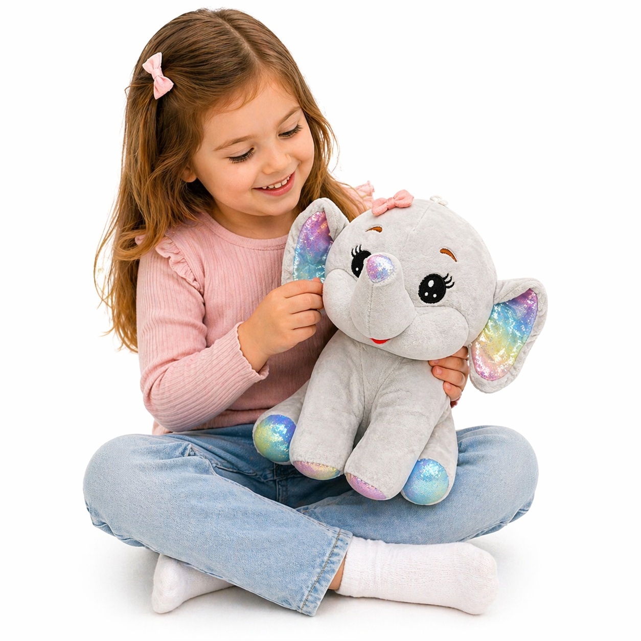 Elefantel de plus 26cm gri, jucarie moale cu urechi colorate pentru copii 3
