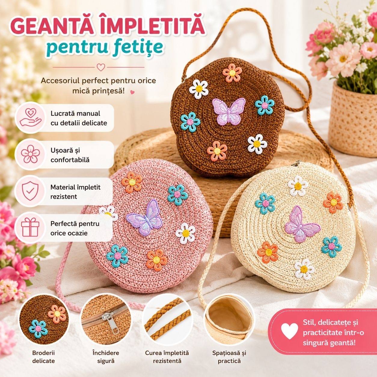 Geanta Impletita pentru Copii cu Fluturas si Flori - Model Aleatoriu 2