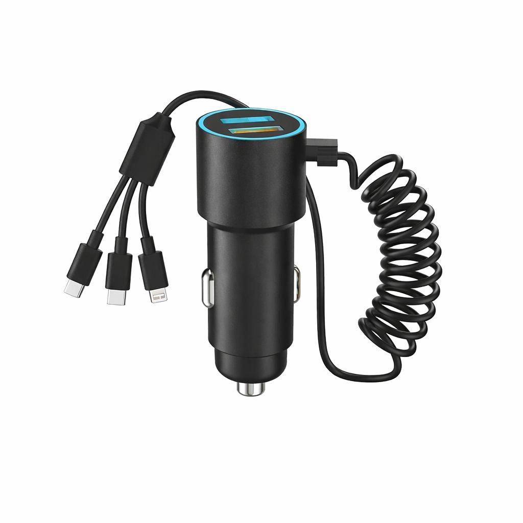 Încărcător auto Hongyu HY-C01 30W PD Dual USB cu cablu 3-în-1 integrat, încărcare rapidă 3.0A 2