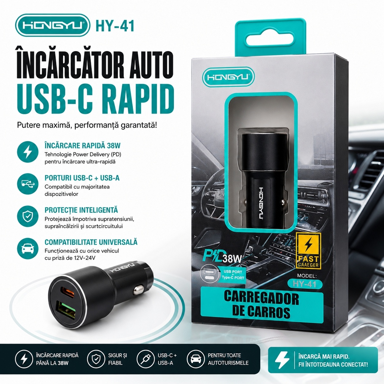 Încărcător Auto USB-C Rapid 38W – Adaptor Auto Fast Charge pentru Telefon, Tabletă și GPS 2