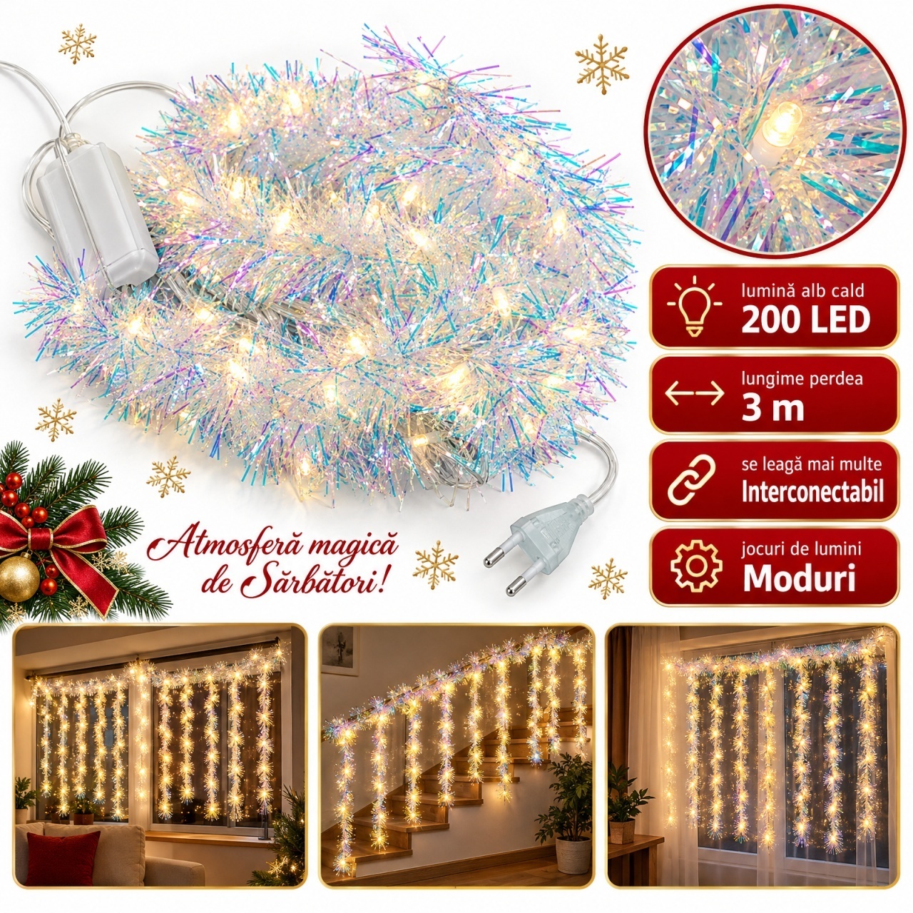 Instalație perdea cu beteală albă irizantă, 3 m, fir 1 m, 200 LED alb cald, interconectabilă