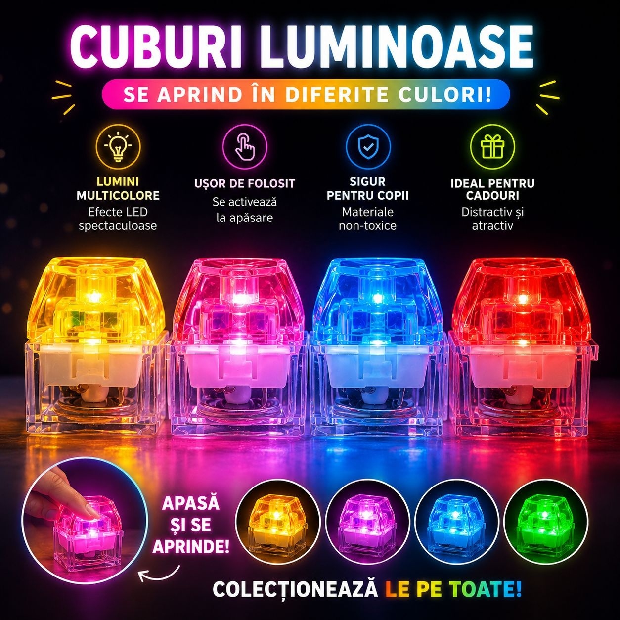 Jucărie Antistres Tastă Mecanică cu LED, 7cm – Fidget Clicker Luminos Multicolor, Buton Tastatură pentru Relaxare 2