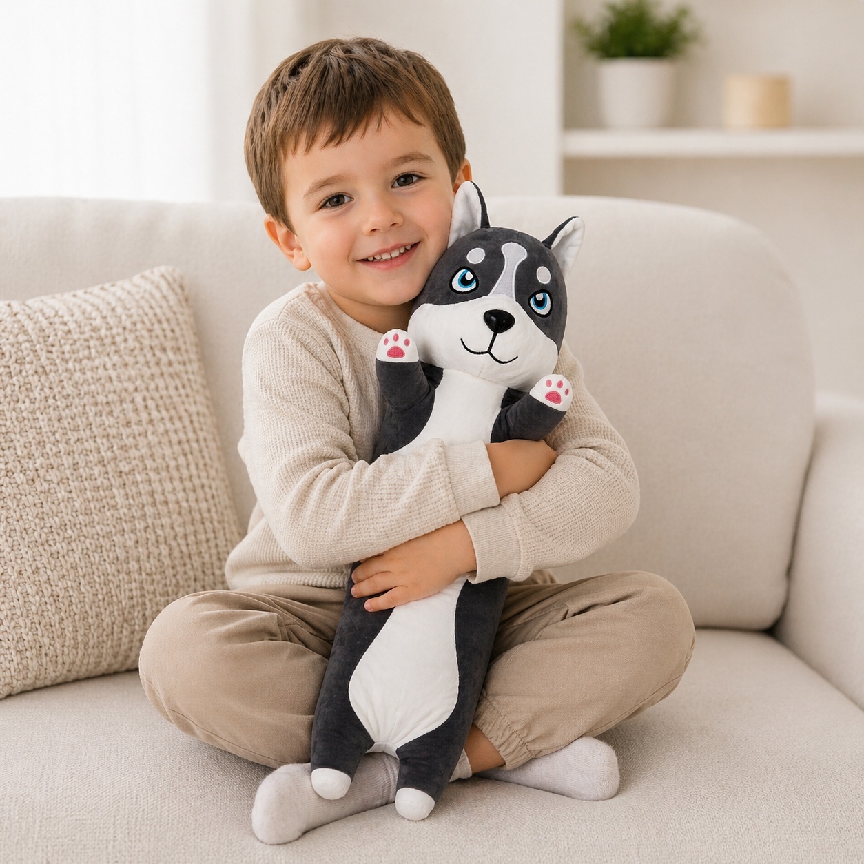 Jucărie de pluș cățel Husky 50 cm – pernă moale, adorabilă, pentru copii 2