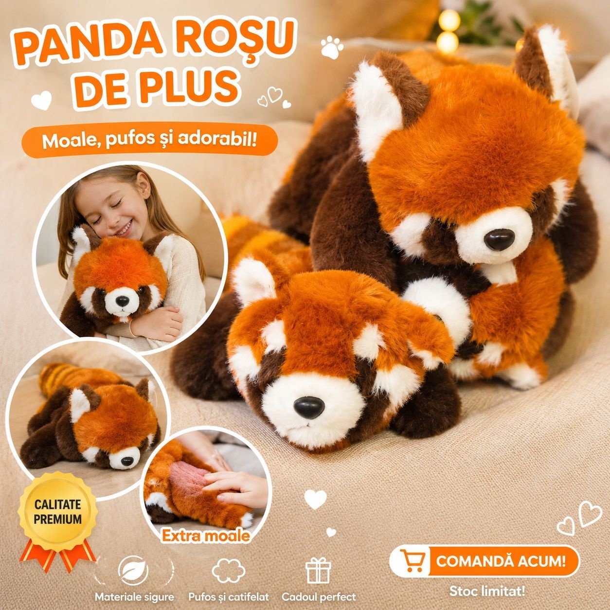 Jucărie de Plus Panda Rosu , 35cm Moale și Pufoasă pentru Copii Cadoul Perfect 2