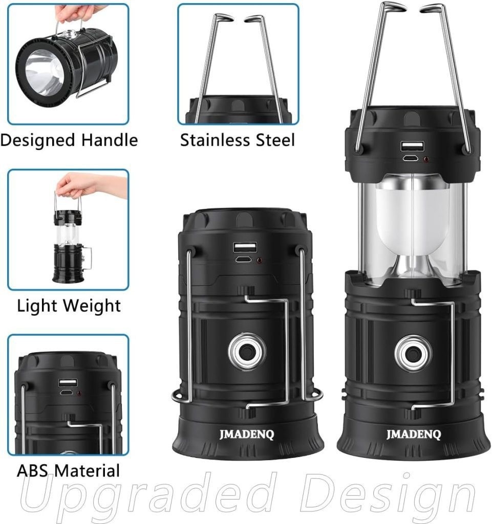 Lampă LED de camping JMADENQ, pliabilă, din oțel inoxidabil și plastic ABS, culoare neagră