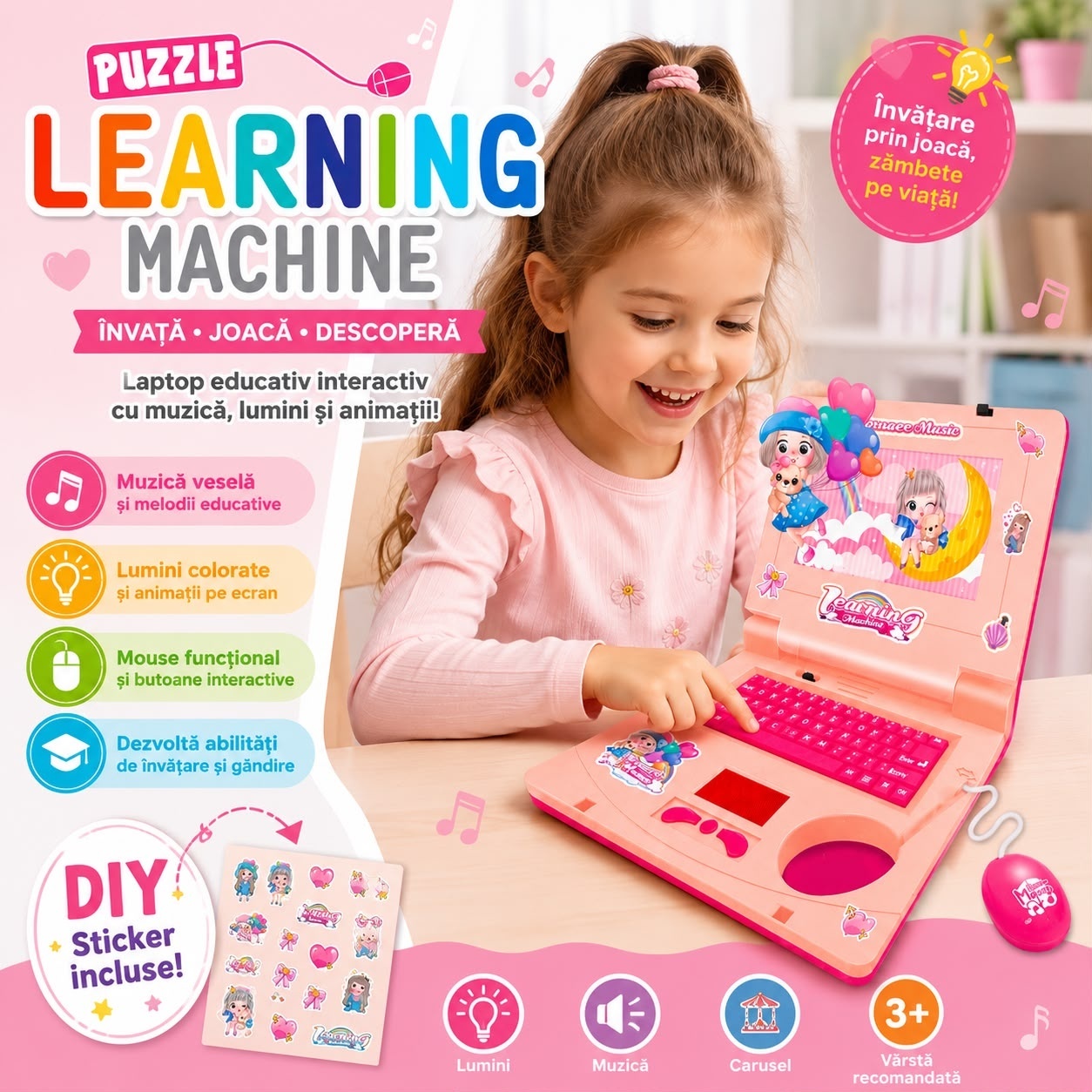 Laptop Educațional Interactiv pentru Copii 3+ – Muzică, Lumini, Mouse și Stickere DIY