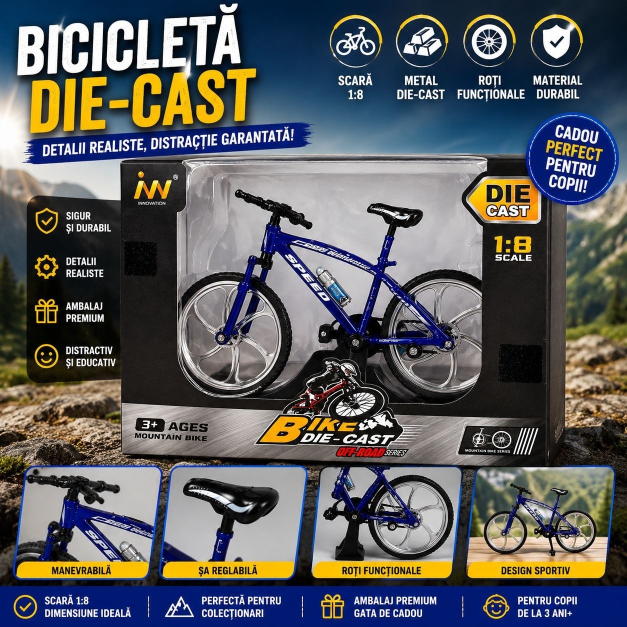 Machetă Bicicletă Die-Cast 1:8 din Metal cu Roți Funcționale și Șa Reglabilă, culoare aleatorie 2