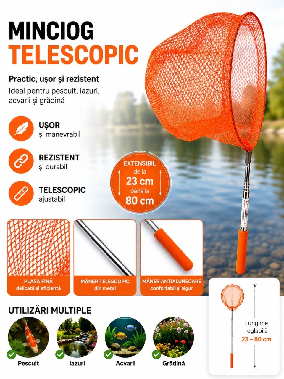 Minciog Telescopic Extensibil Portocaliu 23–80 cm pentru Pescuit și Acvarii – Ușor, Rezistent și Reglabil 2