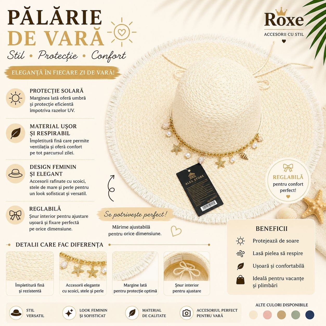 Pălărie Damă de Vară Bej cu Bor Lat și Lanț Decorativ cu Stele de Mare, Scoici și Perle – Reglabilă 2