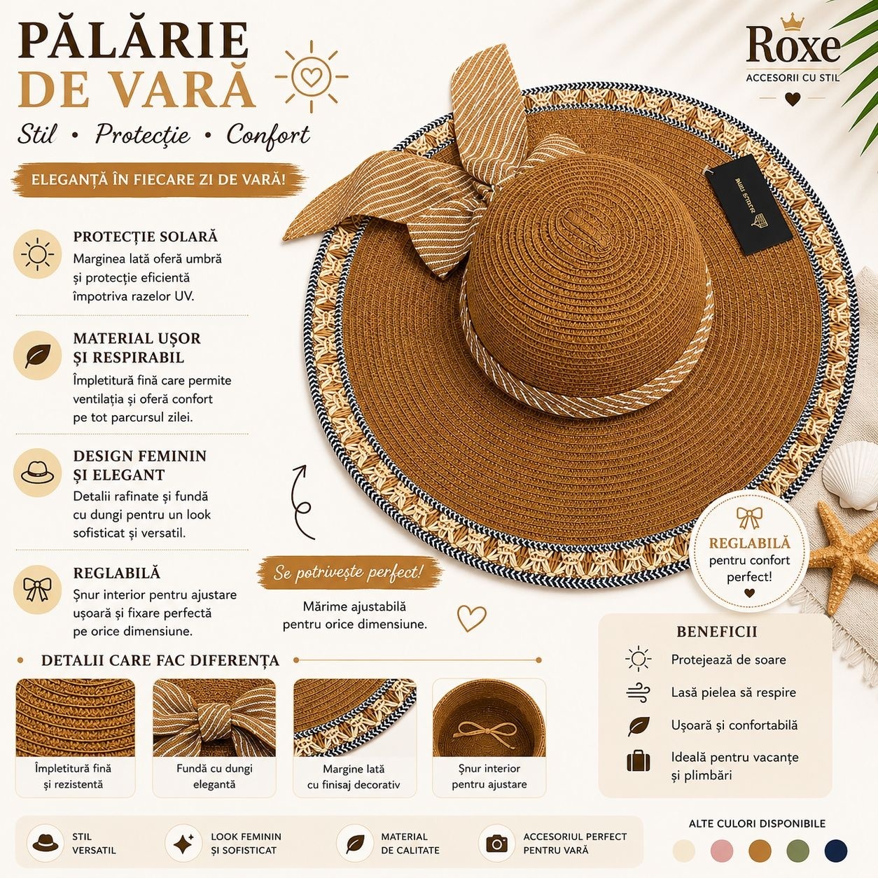 Pălărie Damă Maro de Vară cu Fundă și Bor Lat – Reglabilă, Elegantă și Protecție UV 2