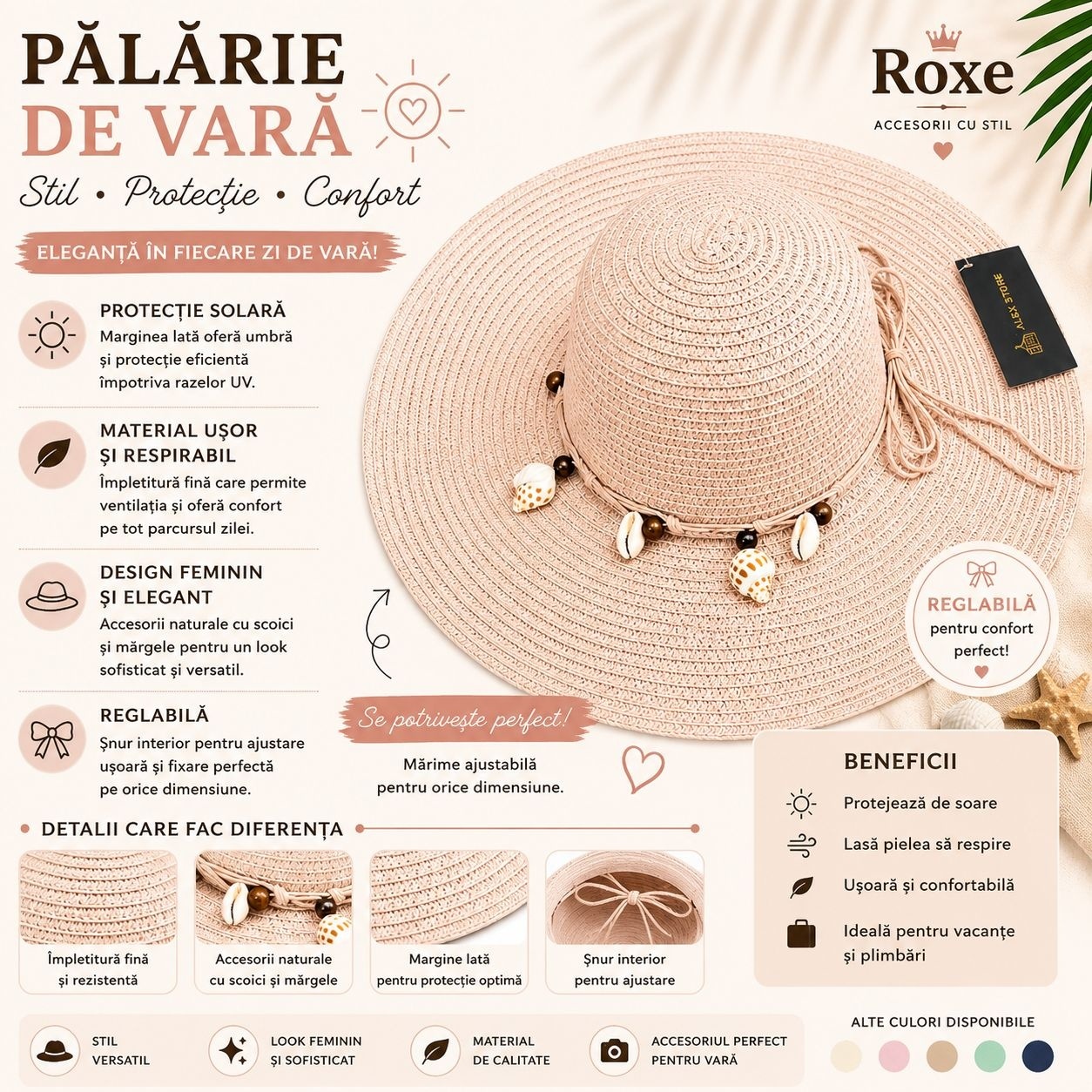 Pălărie Damă Roz Pudrat de Vară cu Bor Lat și Decor cu Scoici și Mărgele 2